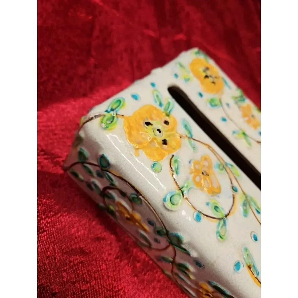 Vintage Italy MAJOLICA Tissue Box‎ Holder Porcelain MCM Italian HIGH RELIEF